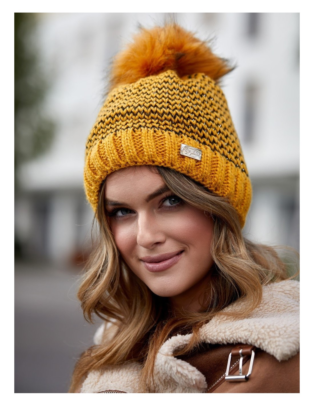 Honey herringbone winter hat C44 - Online store - Boutique